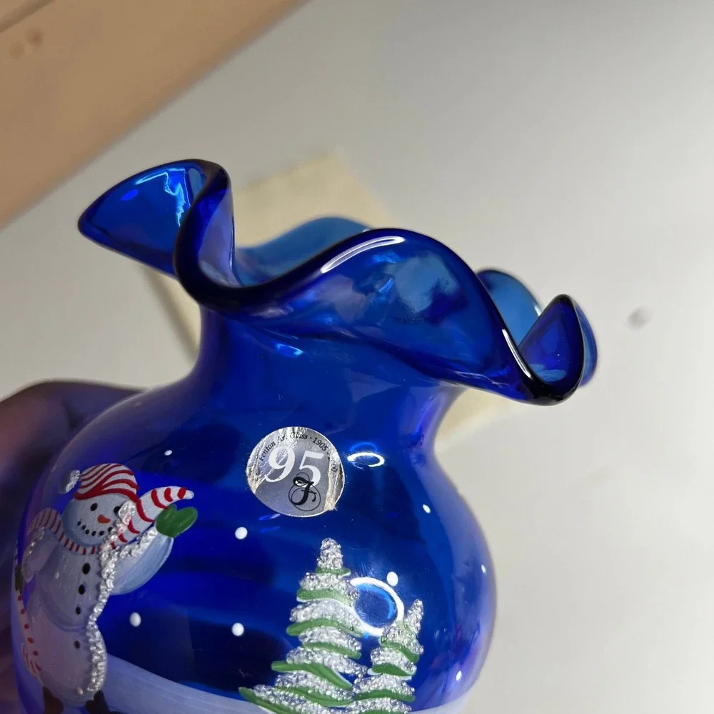 Fenton Cobalt Blue Glass Ruffled Vase Hand Painted Artist Signed C‎ A Hall